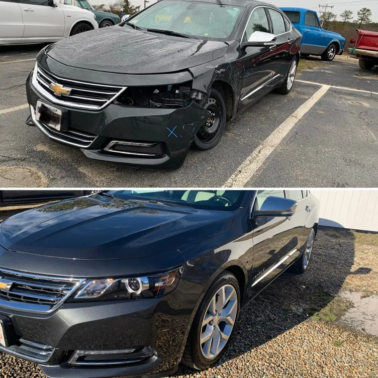 Black Chevrolet sedan with front-end collision damage above, fully repaired below