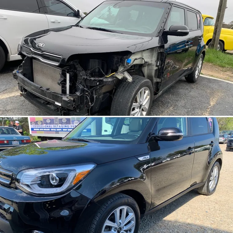Black hatchback with a smashed front end above, restored to like-new below