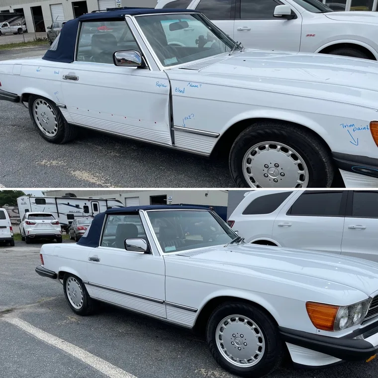 White Mercedes-Benz convertible with dents marked for repair above, finished below