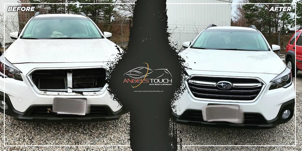 White Subaru Outback before and after front-end repair