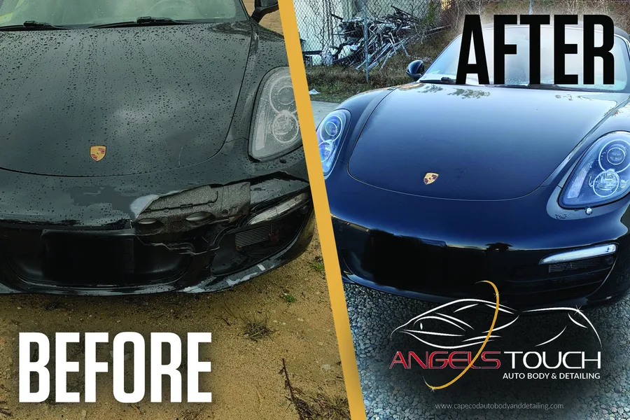 Porsche before and after: weathered black front end on the left, glossy restored finish on the right